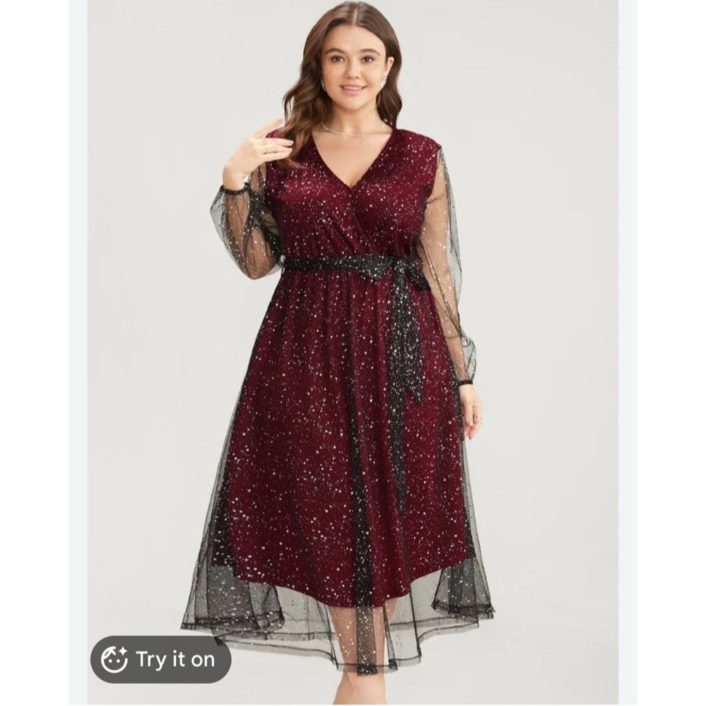NWT BloomChic 18/20 Burgundy Glitter Mesh Midi Dress Surplice Long Sleeve Belt - Picture 2 of 9